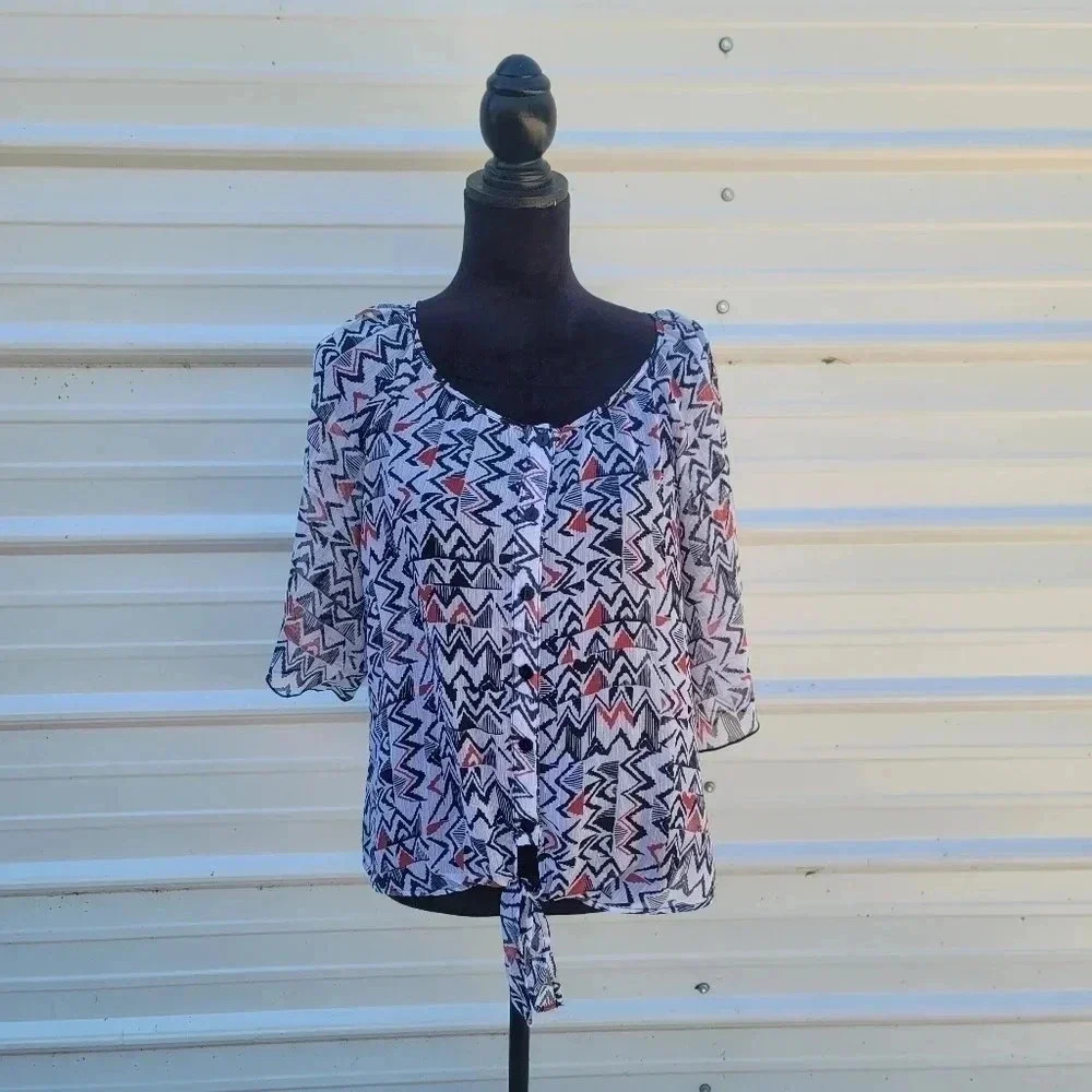 By & By Women's Size L Black Red Sheer Blouse Cold Shoulder Waist Tie 3/4 Sleeve